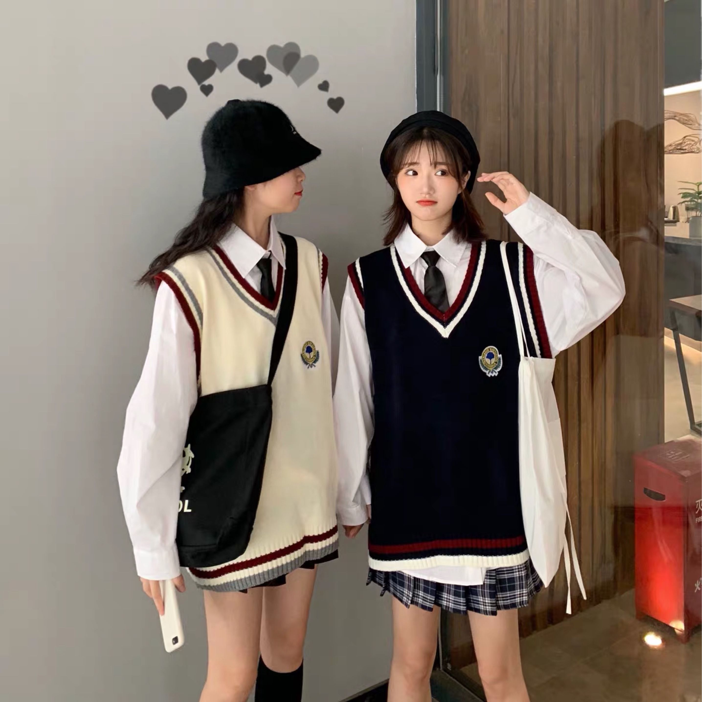 Spring and autumn suit female students Korean loose Tie Shirt college style knitted vest wool coat two piece fashion