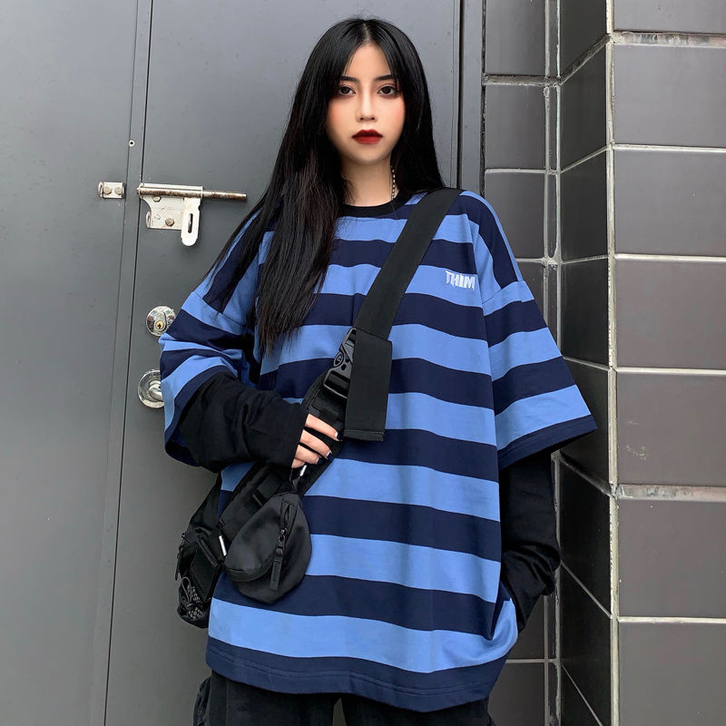 Two pieces of women's top in early autumn student ulzzang Harajuku stripe loose BF long sleeve T-shirt lovers ins fashion