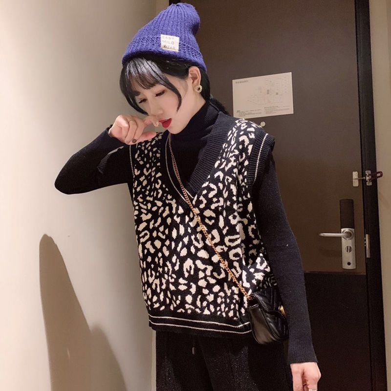 Thickened vest women's Knitted Vest Korean leopard print 2020 new large women's fashion sweater in autumn and winter