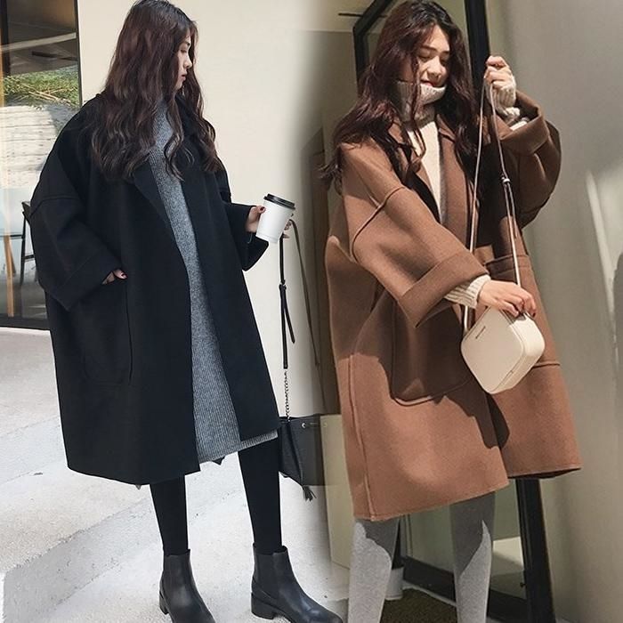 Dragon and Phoenix black woolen coat medium length female student Korean version loose and thin fat mm woolen coat female autumn winter