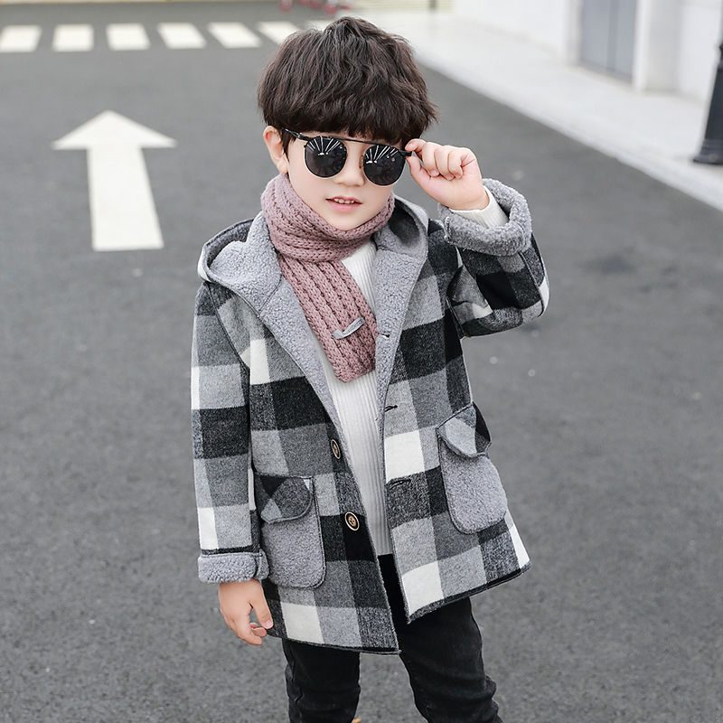 Boys' woolen coat autumn and winter clothes foreign style baby cotton padded jacket children's woolen overcoat thickened with cashmere