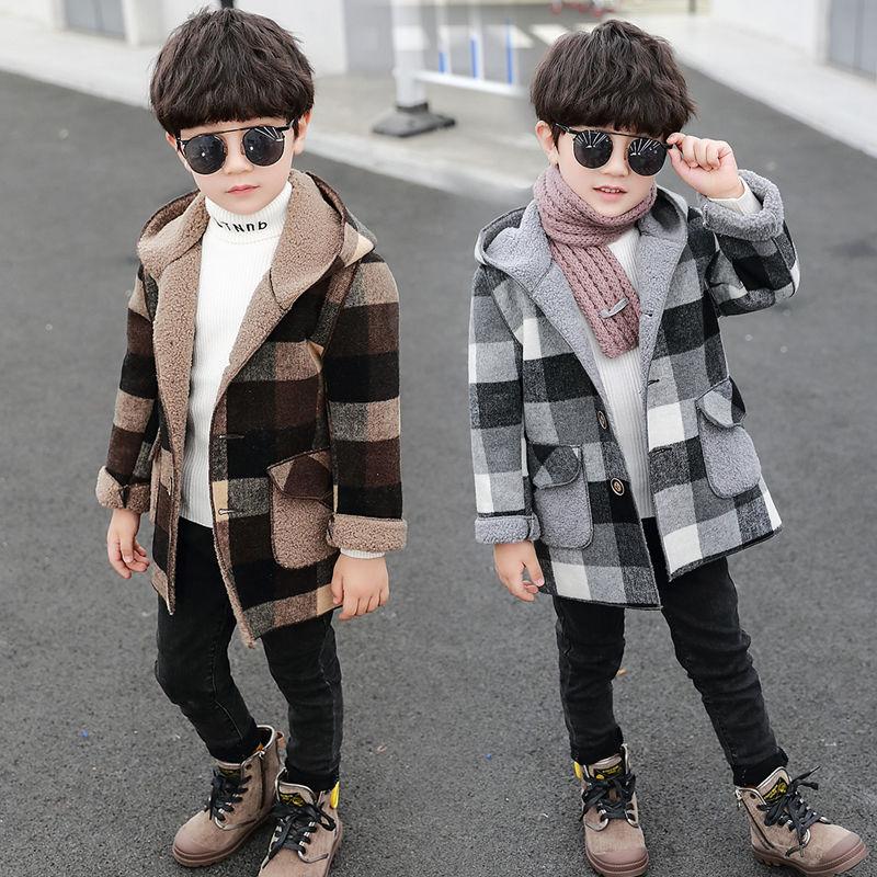 Boys' woolen coat autumn and winter clothes foreign style baby cotton padded jacket children's woolen overcoat thickened with cashmere