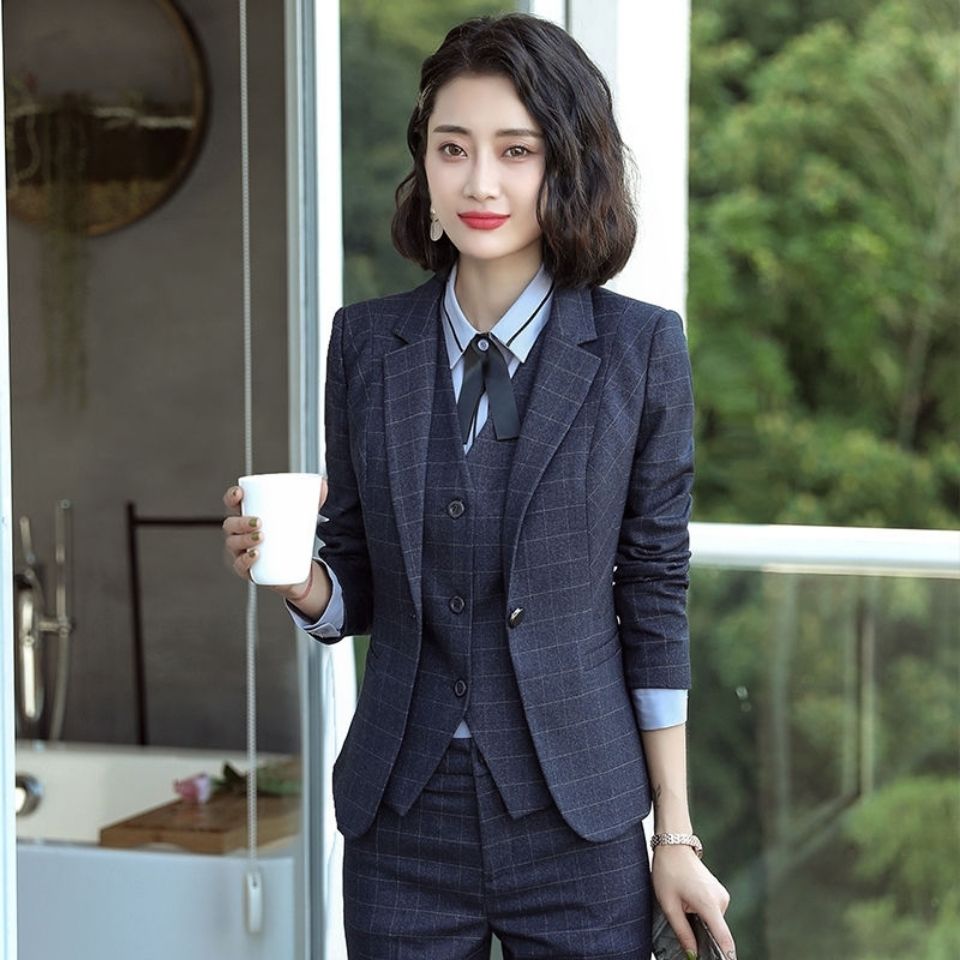 西裝外套女韓版修身格子職業裝西服酒店服小西裝女外套新款女上衣