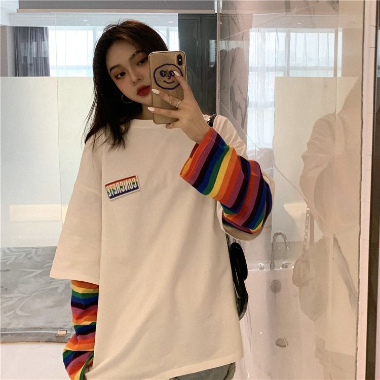 Autumn wear Rainbow Stripe fake two pieces long sleeve t-shirt female student Korean loose ins top spring and autumn bottoming shirt