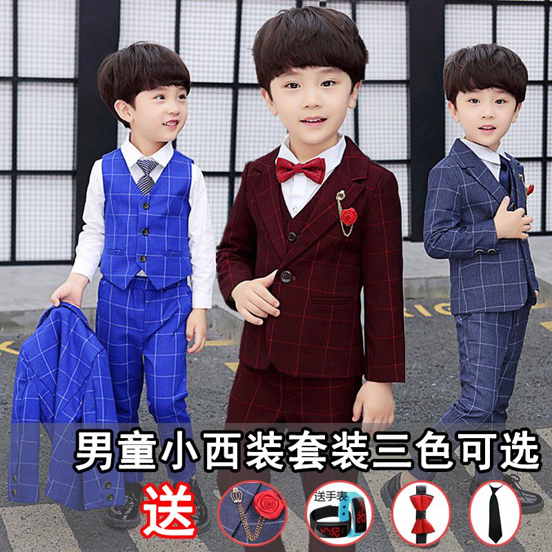 Children's wear men's suit set three piece set middle school children's British style small suit spring and autumn flower children's dress winter velvet