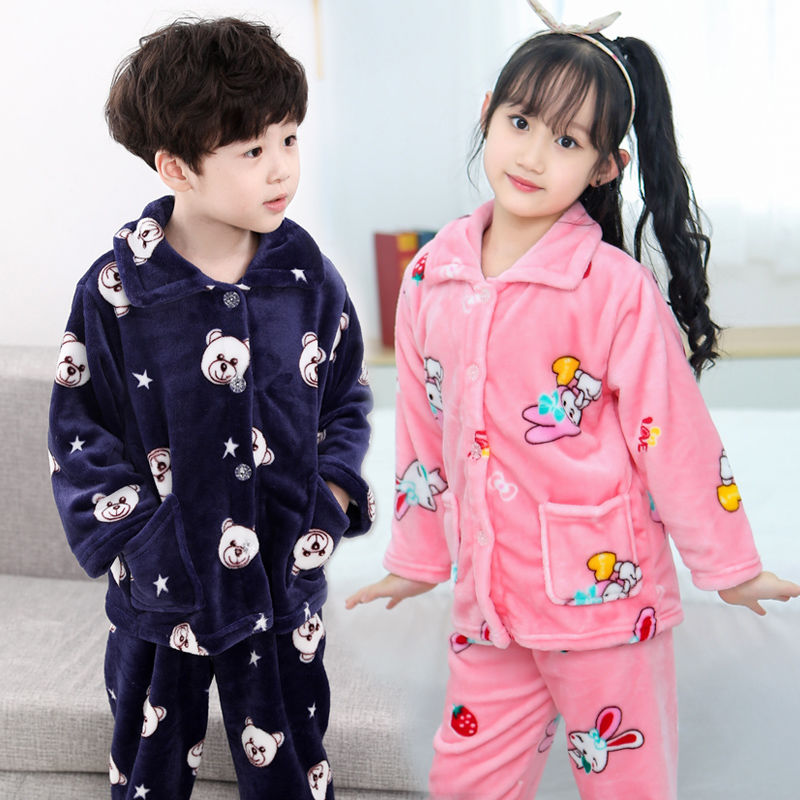 Children's pajamas flannel autumn and winter long sleeve suit coral velvet thickened girls' and boys' home wear