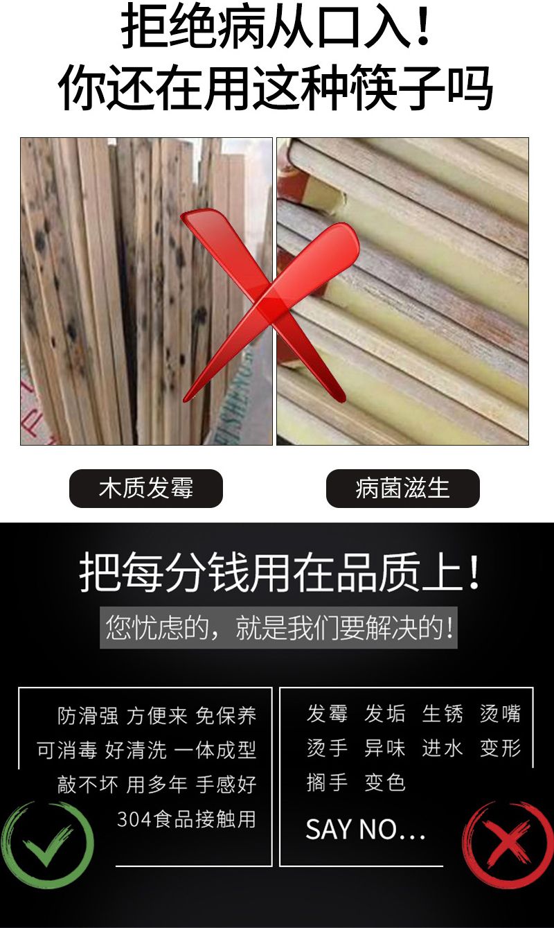 食品级304不锈钢筷子家用高档防滑防烫防霉家庭套装方形快子金属