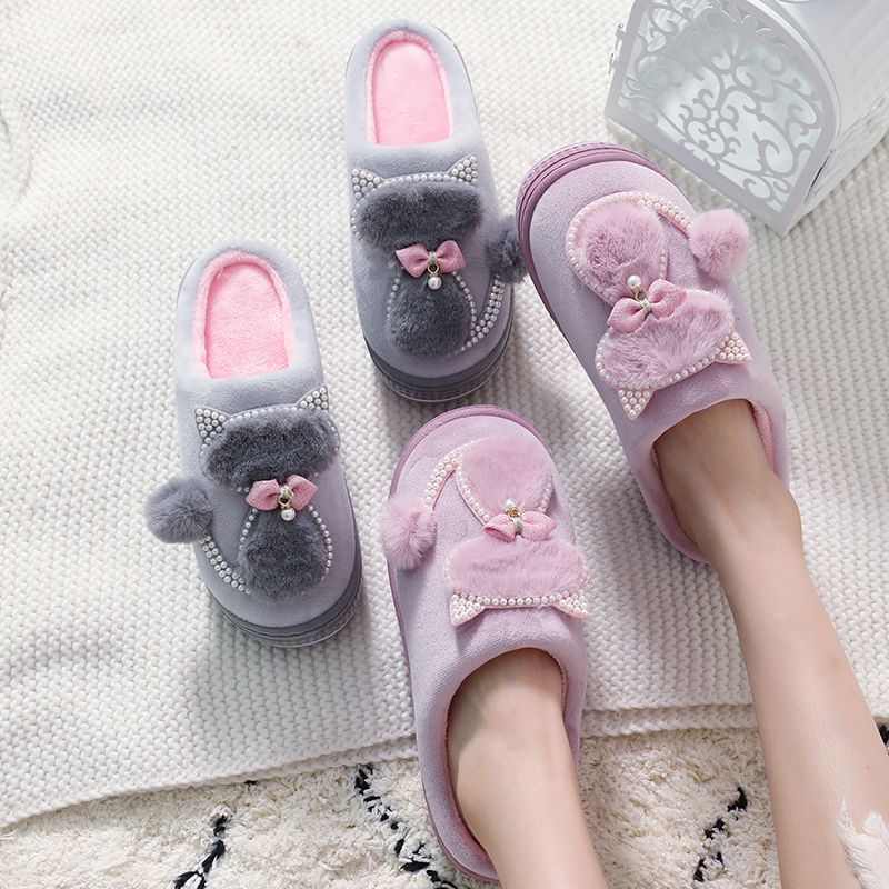 Winter cotton slippers women's high-heeled thick-soled home non-slip home wear fur slippers fashion all-match confinement shoes