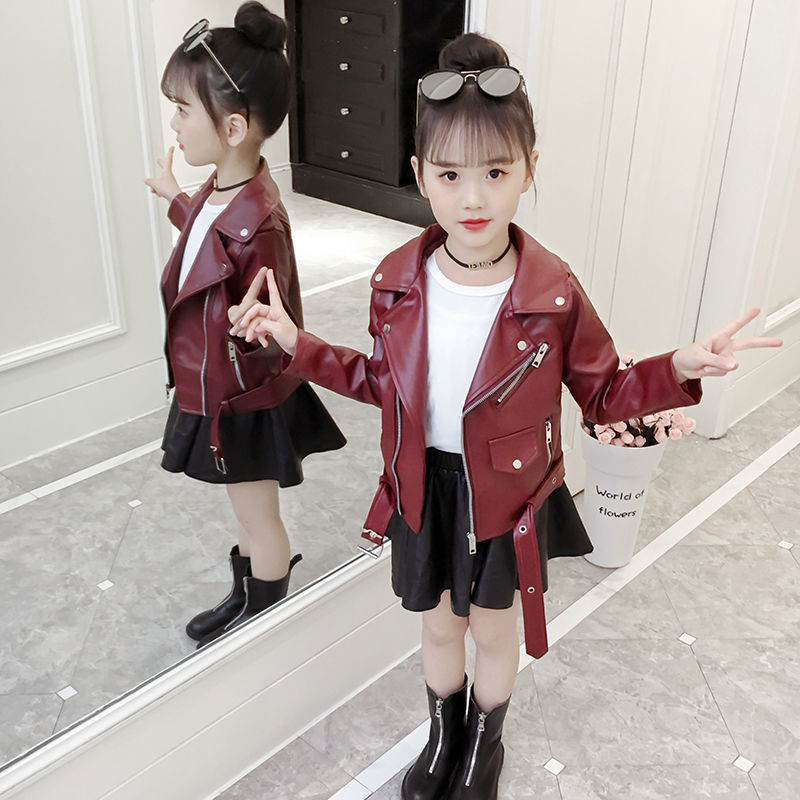 Girls' leather suit autumn dress 2020 new PU leather 10 Korean girls' big jacket little girls' foreign style two piece set