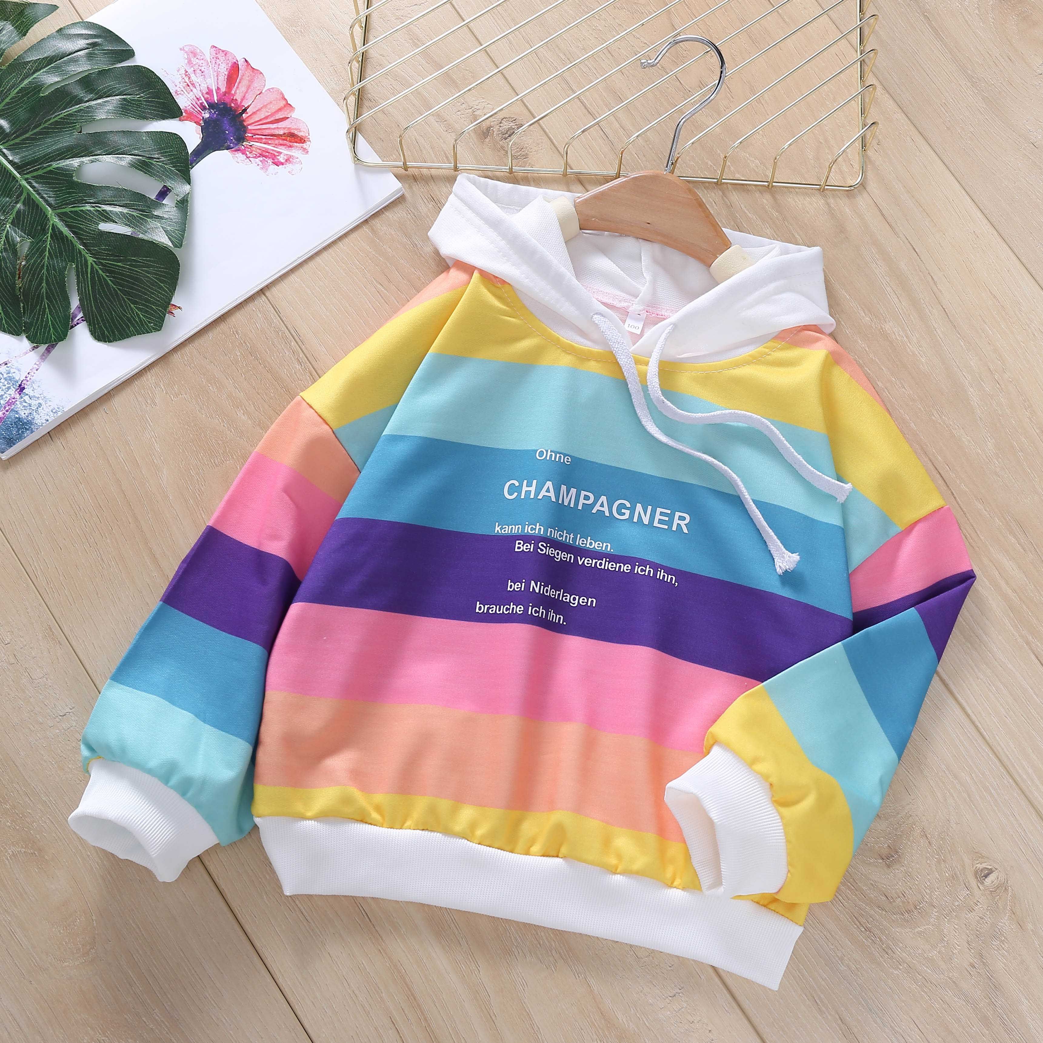 Children's sweater spring and autumn new female baby Korean style boy's T-shirt Rainbow Stripe top Hoodie