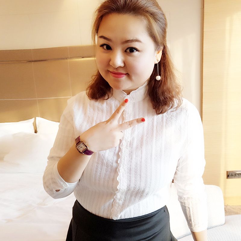 加肥加大码女装200斤胖mm纯棉长袖衬衫春夏新款立领胖女人白衬衣