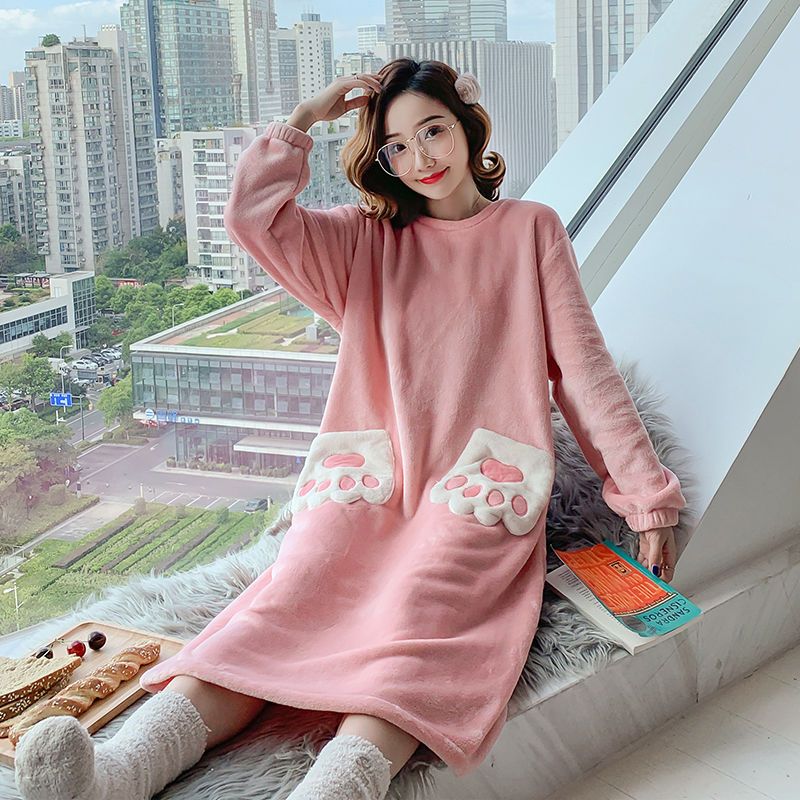 Large size nightdress women winter coral velvet long style thickening and fattening flannel long sleeve autumn pajamas women autumn winter