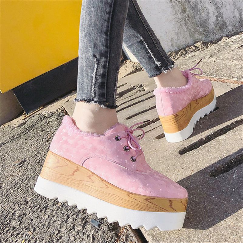 秋冬季新款加绒厚底松糕鞋女英伦风女鞋系带增高休闲学生鞋大码40