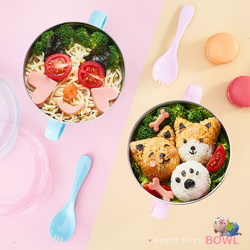 儿童碗防摔防烫宝宝吃饭碗不锈钢带盖带勺婴儿铺食卡通幼儿园餐具