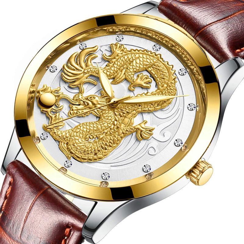 正品手表男中国风黄金色立体龙表全自动非机械防水夜光钢带超薄