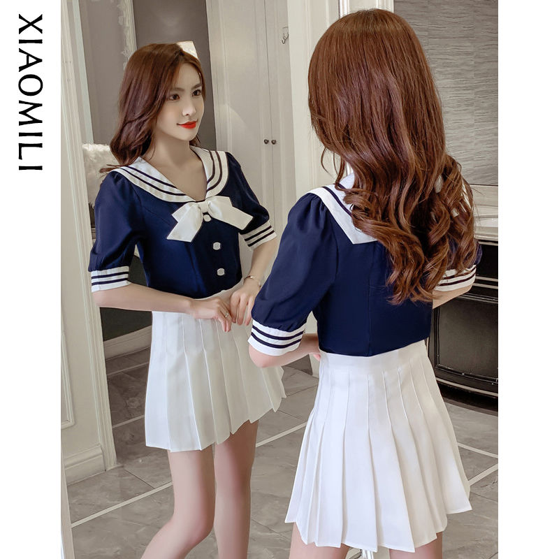 College wind suit female summer small design navy collar jk shirt uniform high pleated skirt two-piece set