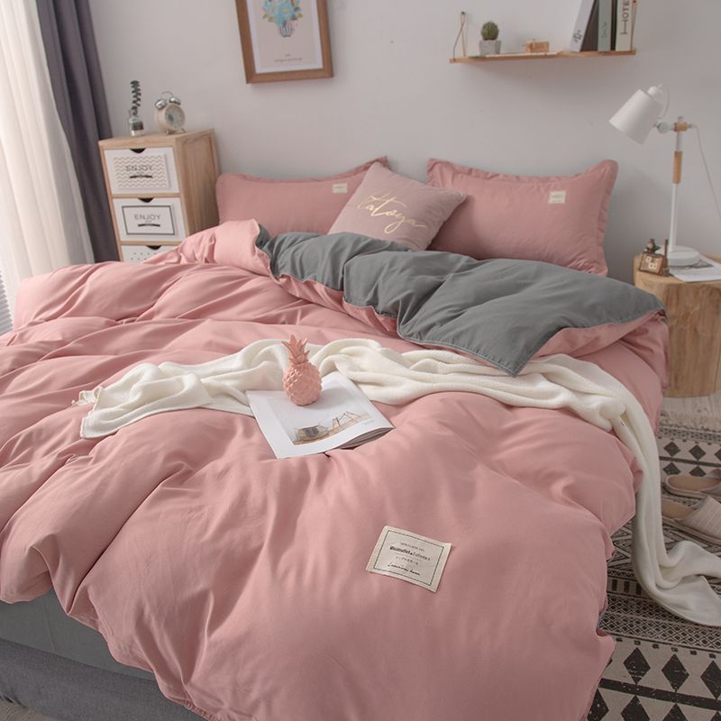 北欧简约粉色床上用品网红款纯色四件套少女心素色被套床单三件套