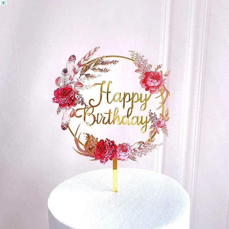 colored flowers acrylic cake topper happy birthday cake