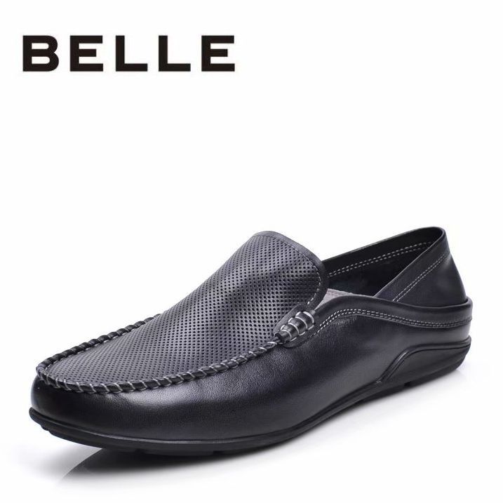 belle/百丽男鞋夏季新款软牛皮镂空套脚休闲皮鞋洞洞鞋驾车豆豆鞋