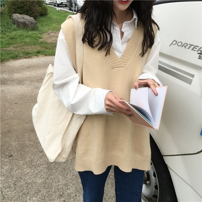 Early autumn new school style V-neck versatile knitted sweater vest female Korean student loose waistcoat fashion