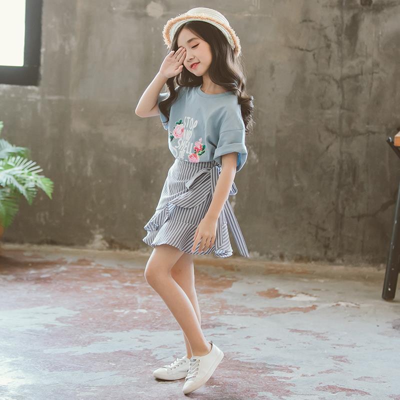 Girls' summer suit  new Korean version of fashion fashionable foreign style big children's summer two-piece skirt trend