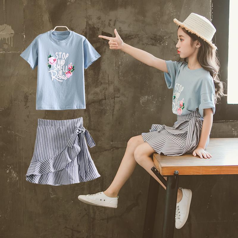 Girls' summer suit  new Korean version of fashion fashionable foreign style big children's summer two-piece skirt trend
