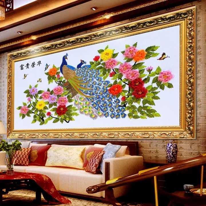 5d彩印立体丝带绣客厅装饰挂画牡丹富贵荣华花卉简约孔雀非十字绣