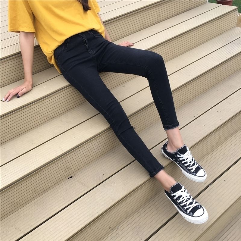 Smoke gray high waist nine-point jeans women's 2019 autumn and summer new simple slim slim pencil trousers