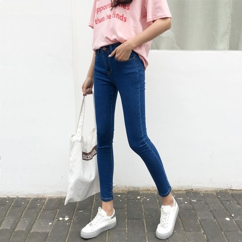 Smoke gray high waist nine-point jeans women's 2019 autumn and summer new simple slim slim pencil trousers