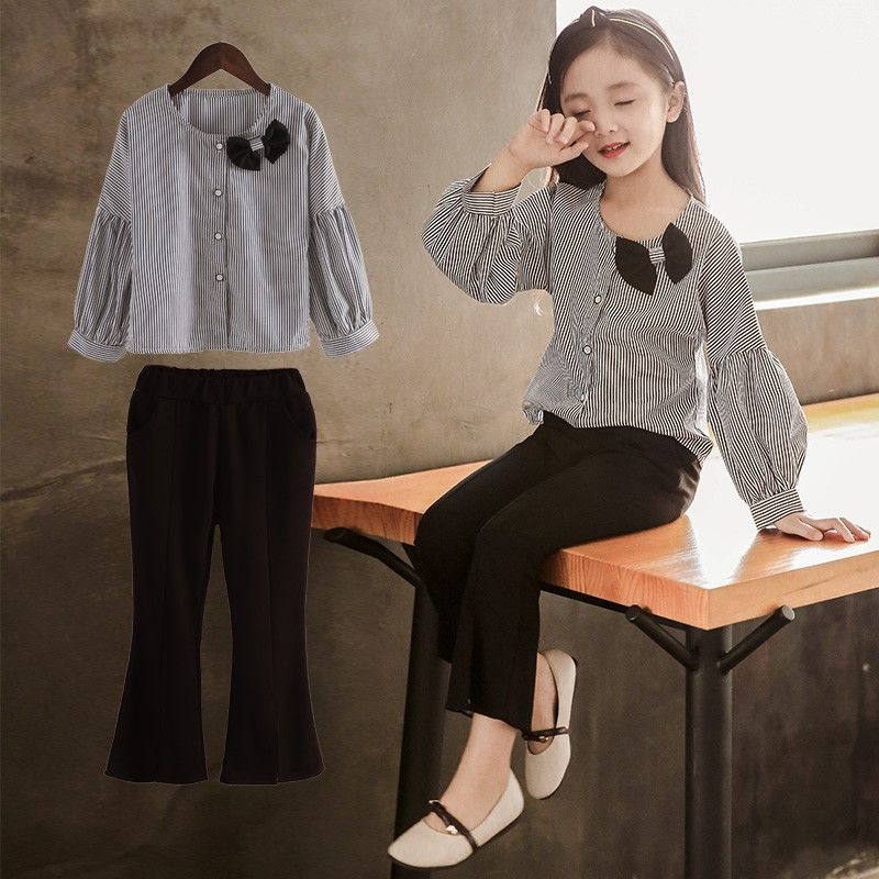 Girls summer suit Korean style spring and autumn wear 2019 new children's bell bottoms two piece set long sleeve