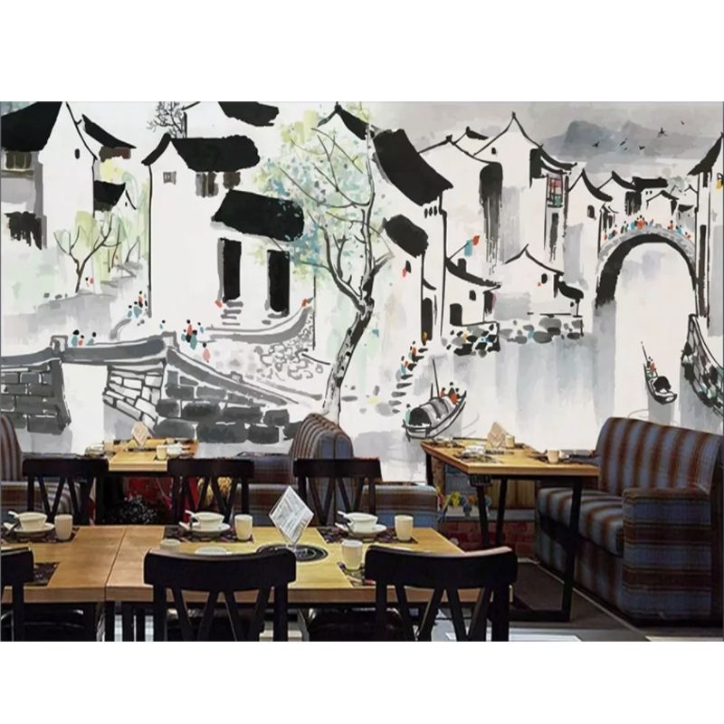 中式手绘江南水乡火锅店壁纸山水墨茶馆壁画酒店餐厅包厢背景墙纸
