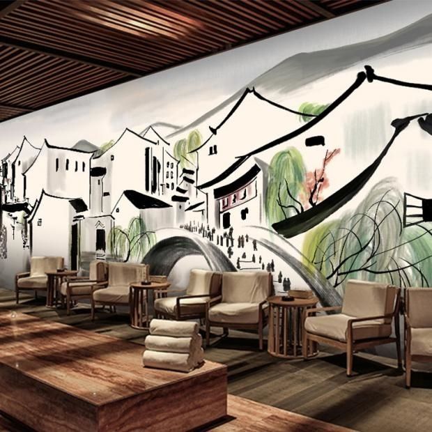 中式手绘江南水乡火锅店壁纸山水墨茶馆壁画酒店餐厅包厢背景墙纸