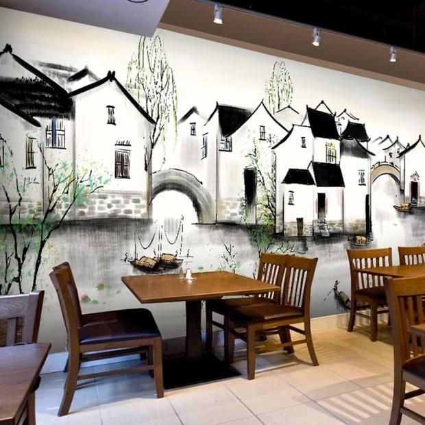 中式手绘江南水乡火锅店壁纸山水墨茶馆壁画酒店餐厅包厢背景墙纸