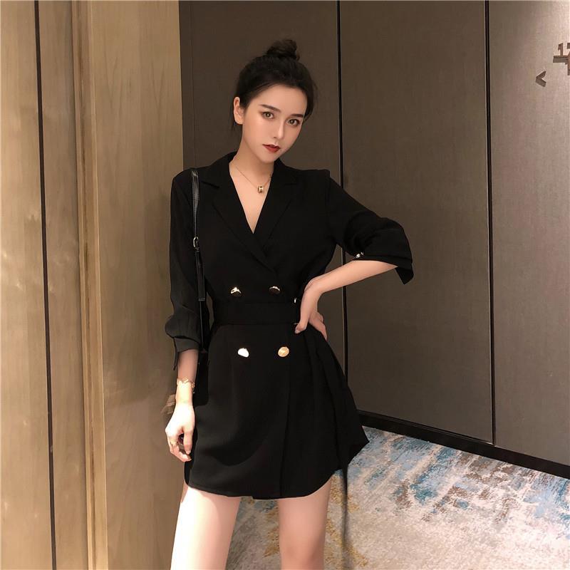 Autumn new Korean chic lace up Blazer for women casual double breasted medium length thin black suit