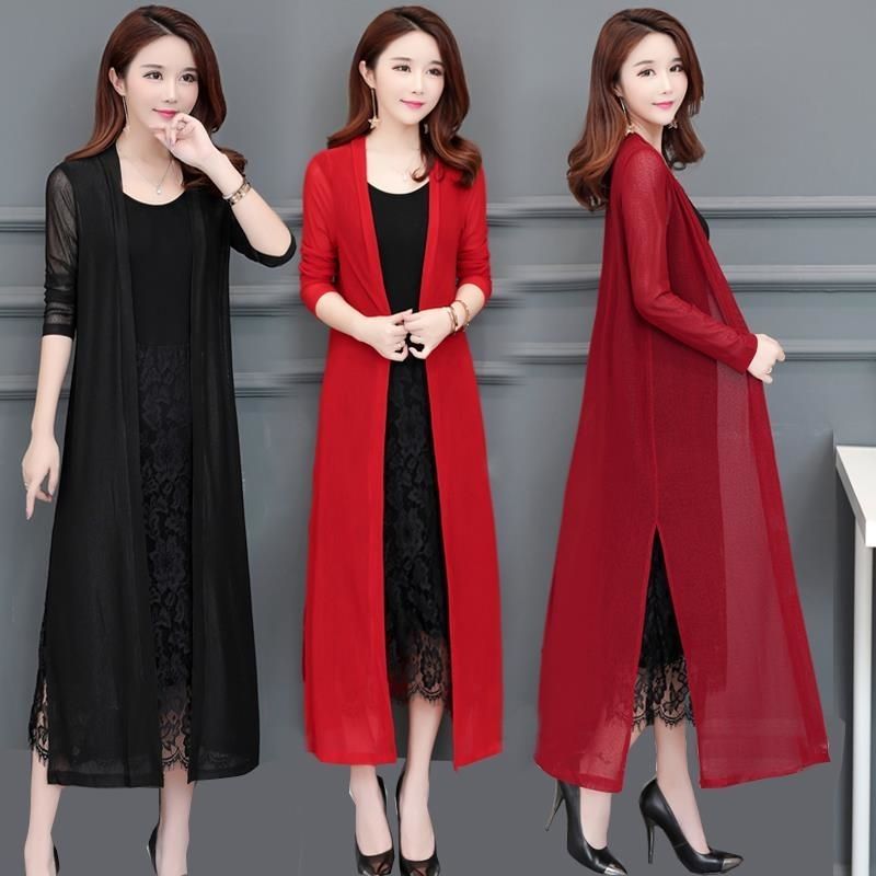 Tall sun protection clothing women's cardigan with long over-the-knee coat summer new shawl ice silk sweater thin section