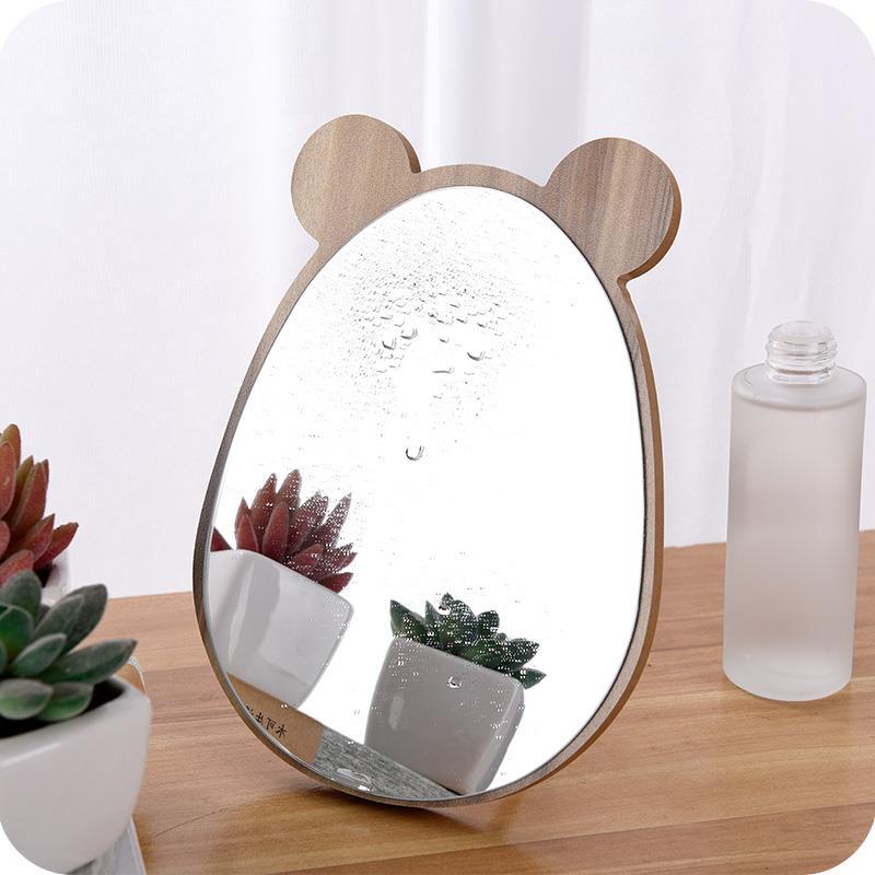 Cartoon wooden table top mirror HD single face dressing mirror beauty mirror student dormitory table top mirror large and small