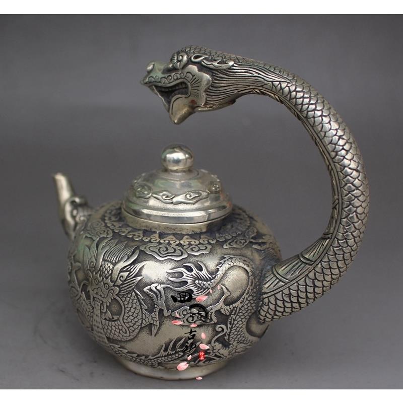仿古铜器铜壶 黄铜镀银白铜酒壶茶壶水壶摆件精工龙头壶古玩收藏