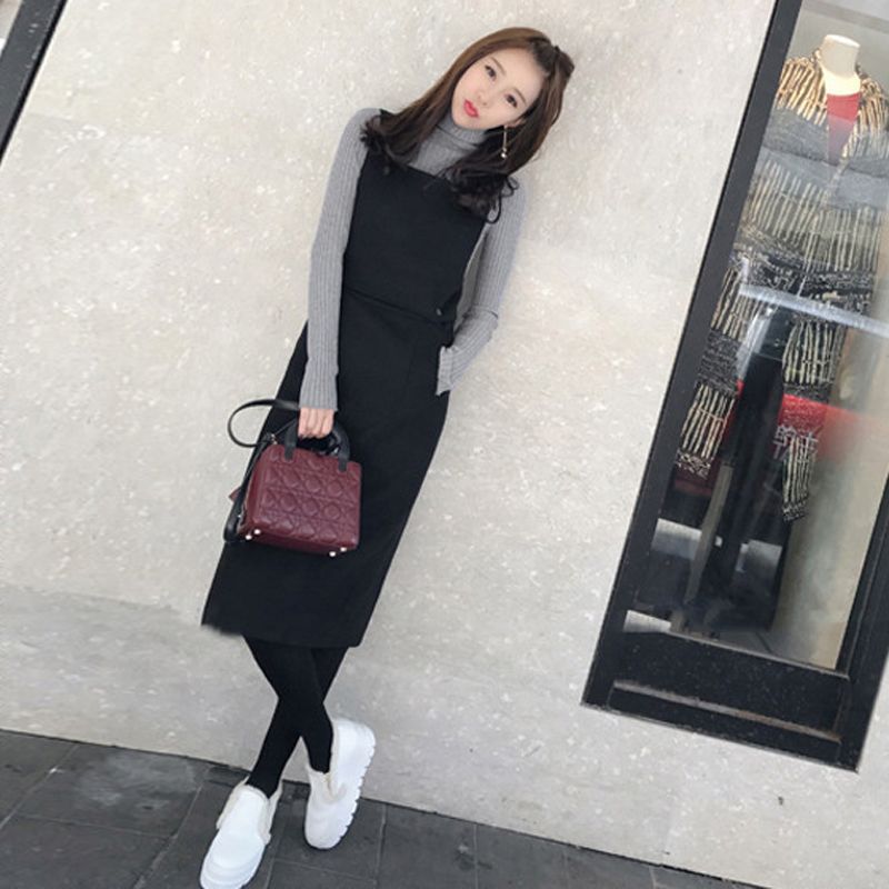 毛呢背心裙女2018秋冬季新款韩版中长款加厚时尚气质件套连衣裙