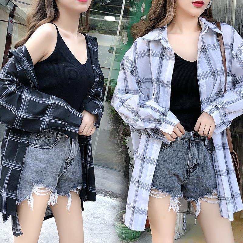 [send sling] Check Shirt girl student spring and autumn thin Korean loose versatile long sleeve shirt sunscreen jacket