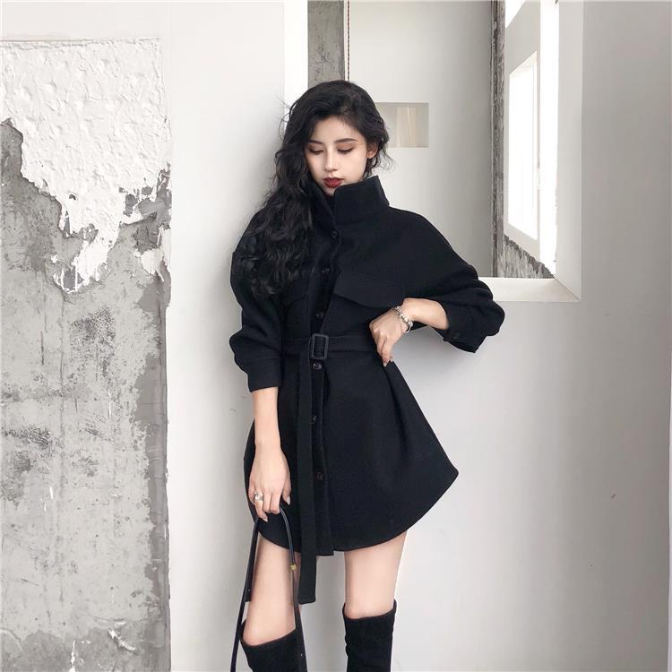 韓版寬鬆中長款毛呢外套女秋裝2018新款學生立領收腰黑色呢子大衣