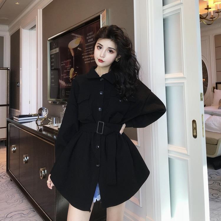 外套女春秋2023新款時尚chic簡約寬鬆顯瘦中長款呢子外套女配腰帶