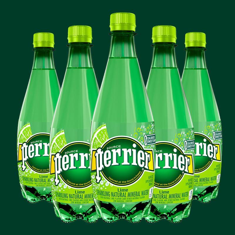 包邮法国进口perrier巴黎水塑料瓶含气天然矿泉水青柠味500ml*5瓶