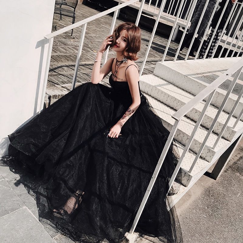 【下单3天发货】2019新款黑色露背性感长款拖尾宴会聚会晚礼服女