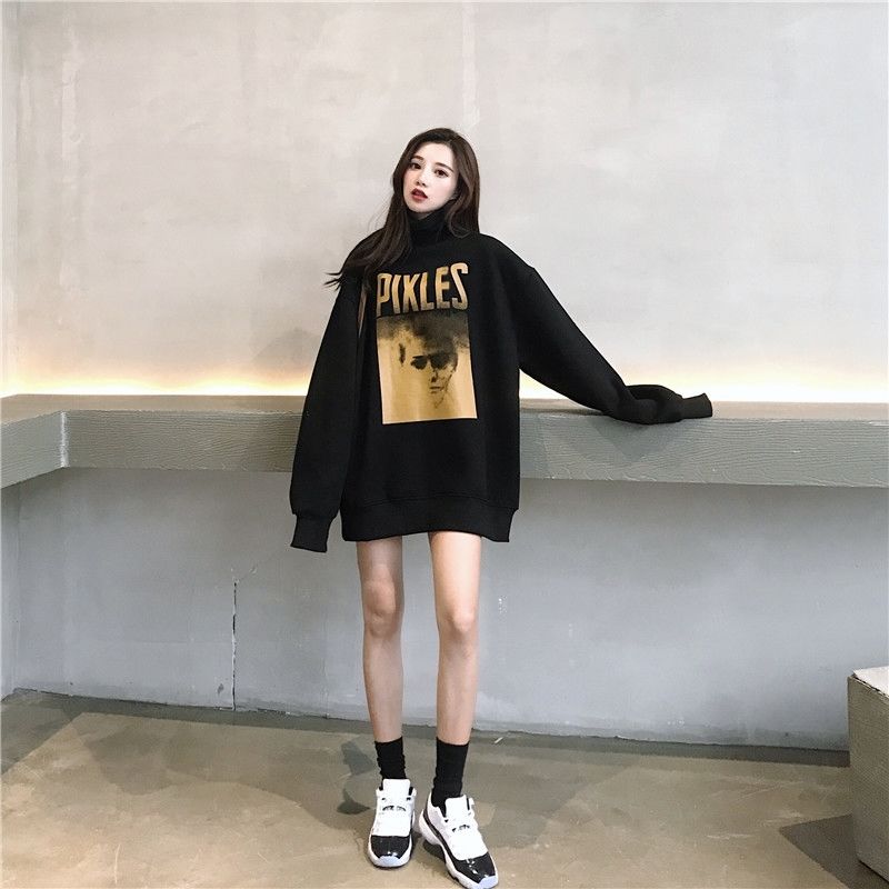 Hong Kong Style autumn and winter Korean retro high collar Plush thickened sweater women's loose medium length black Pullover Top Fashion