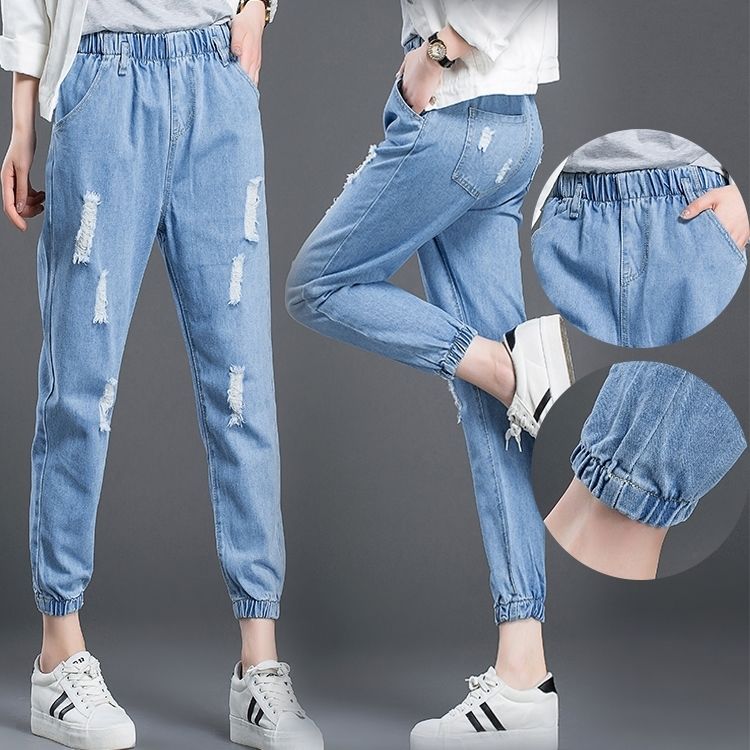 Jeans women's Capris with holes, elastic waist, loose and thin, Korean student's small foot necked leggings, Harem Pants