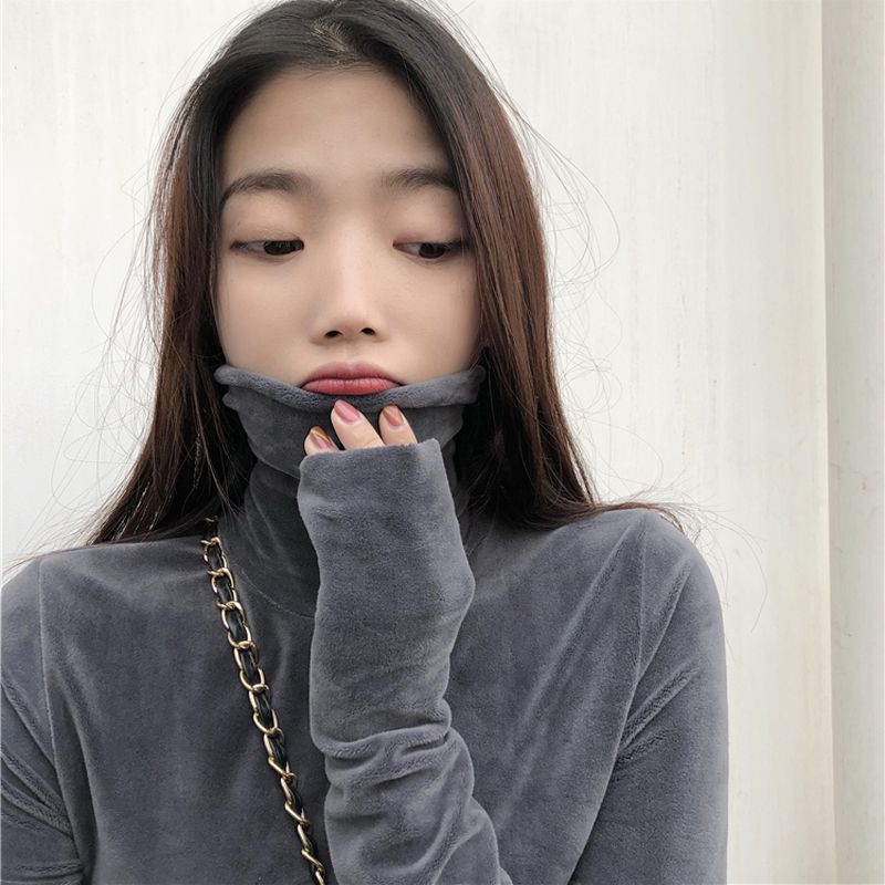 Autumn and winter velvet solid color silver fox fleece high neck tight bottoming shirt with top and fleece warm long sleeve T-shirt for women