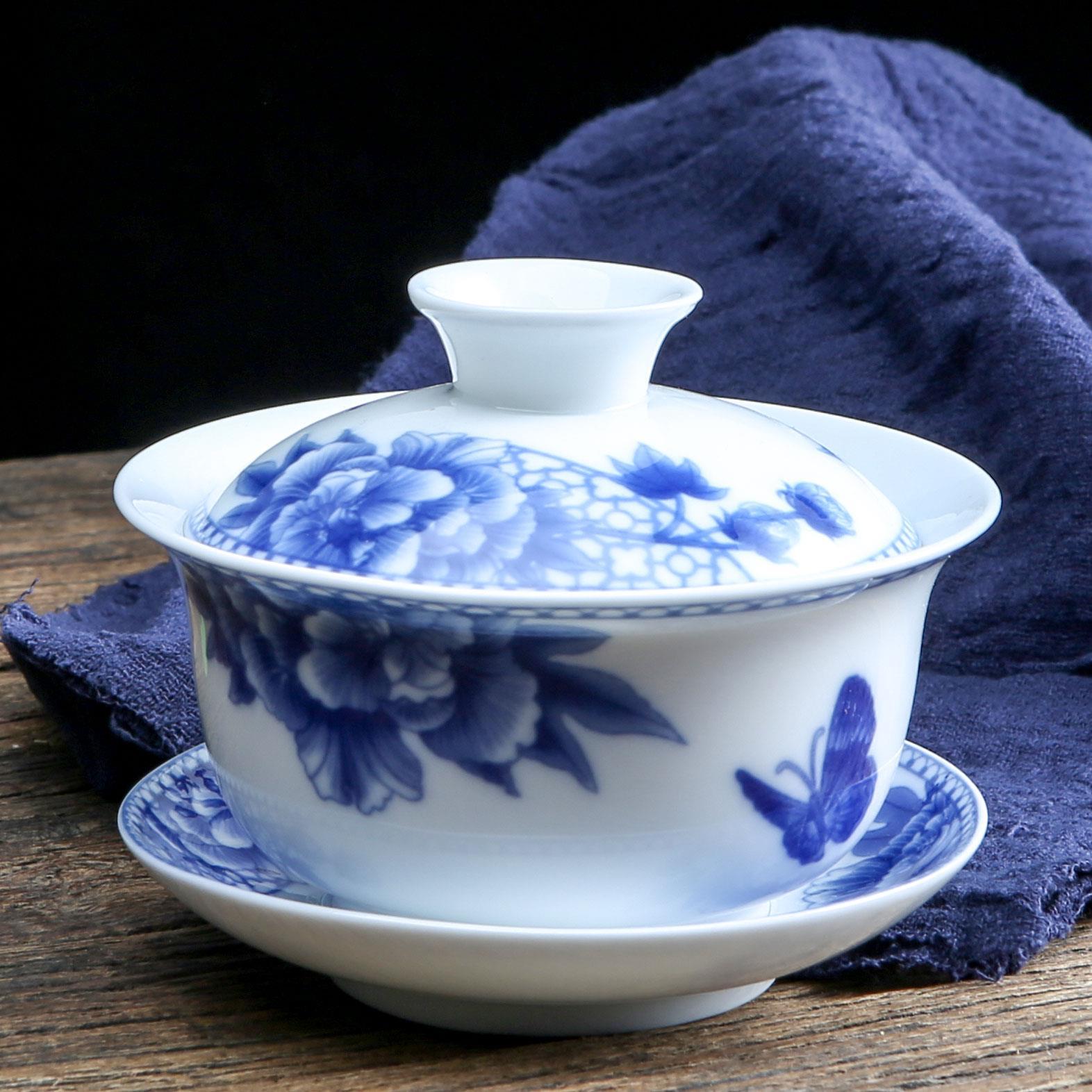 盖碗茶杯 景德镇八宝大号泡茶碗青花瓷三才碗陶瓷三炮台功夫茶具