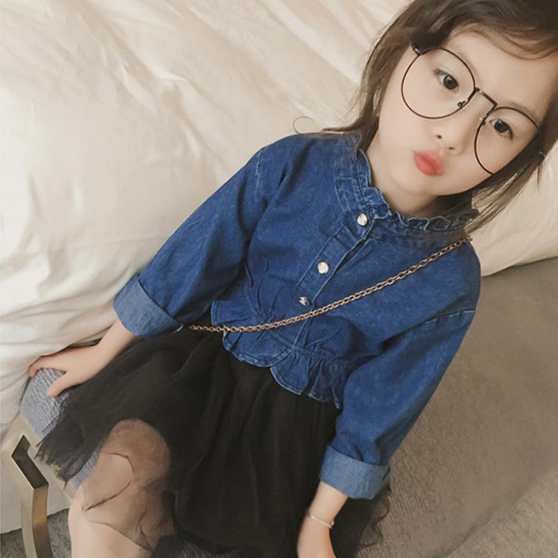 Spring 2020 new children's wear Korean girls fashion mesh denim skirt long sleeve fake two piece dress princess skirt