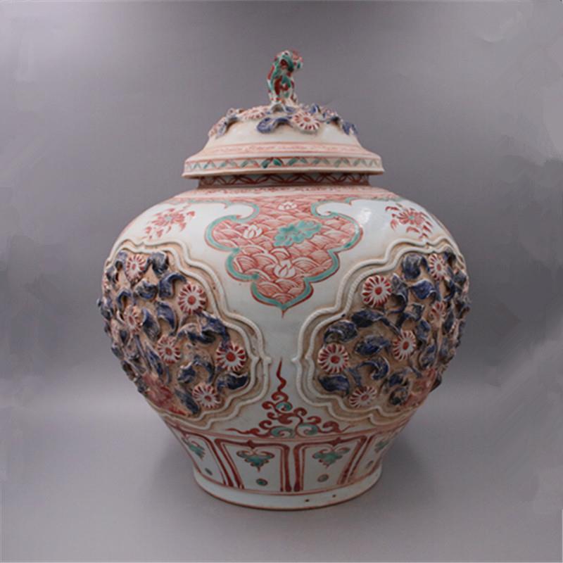 元代五彩捏花狗头盖罐出土古瓷器古玩古董旧货收藏包老居家摆件