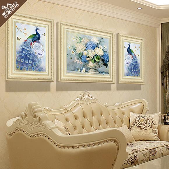 欧式客厅装饰画挂画大气简欧沙发背景画孔雀壁画三联餐厅壁画墙画